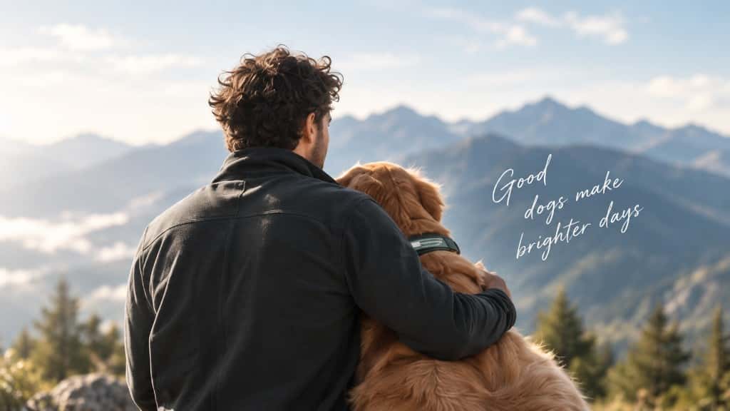 Eine Person mit dem Arm um einen Golden Retriever, Blick über einen Bergrücken.